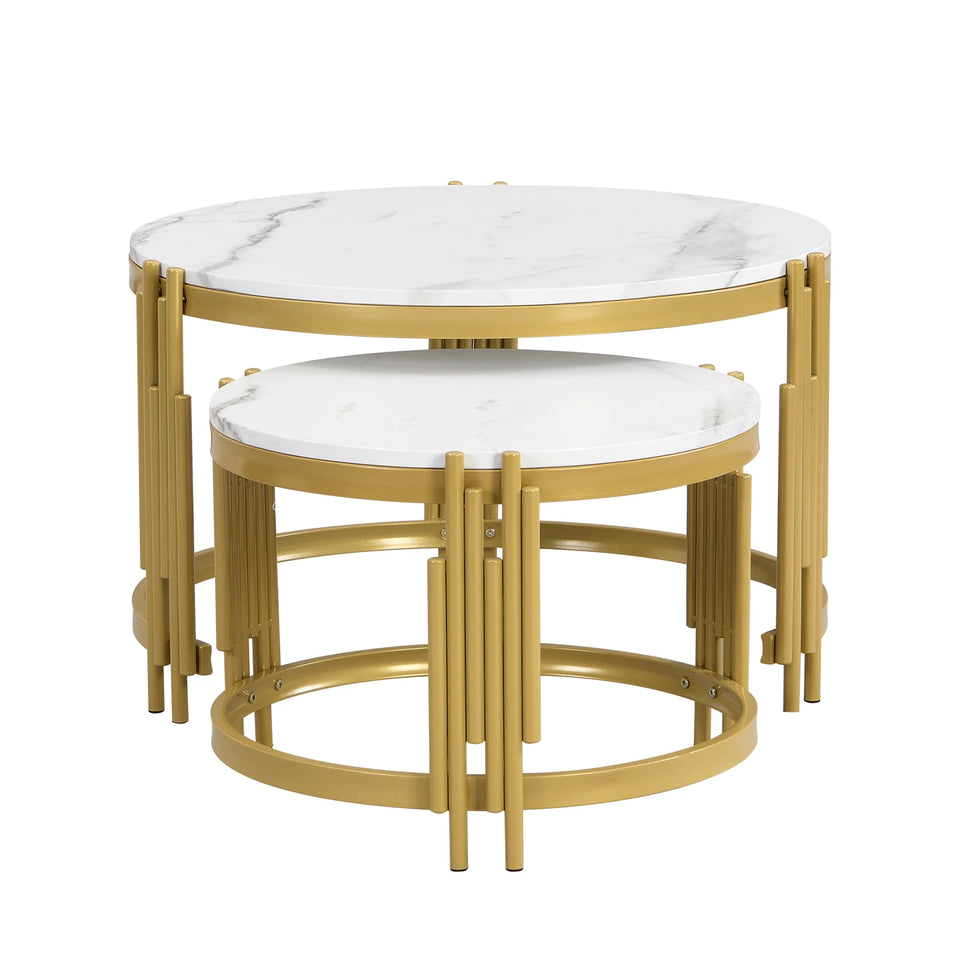 Comanlai Modular Coffee Table Set, Marble Look Round Tables, Modern Side Table, with Gold Metal Frame, for Living Room, Bedroom