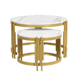 Comanlai Modular Coffee Table Set, Marble Look Round Tables, Modern Side Table, with Gold Metal Frame, for Living Room, Bedroom