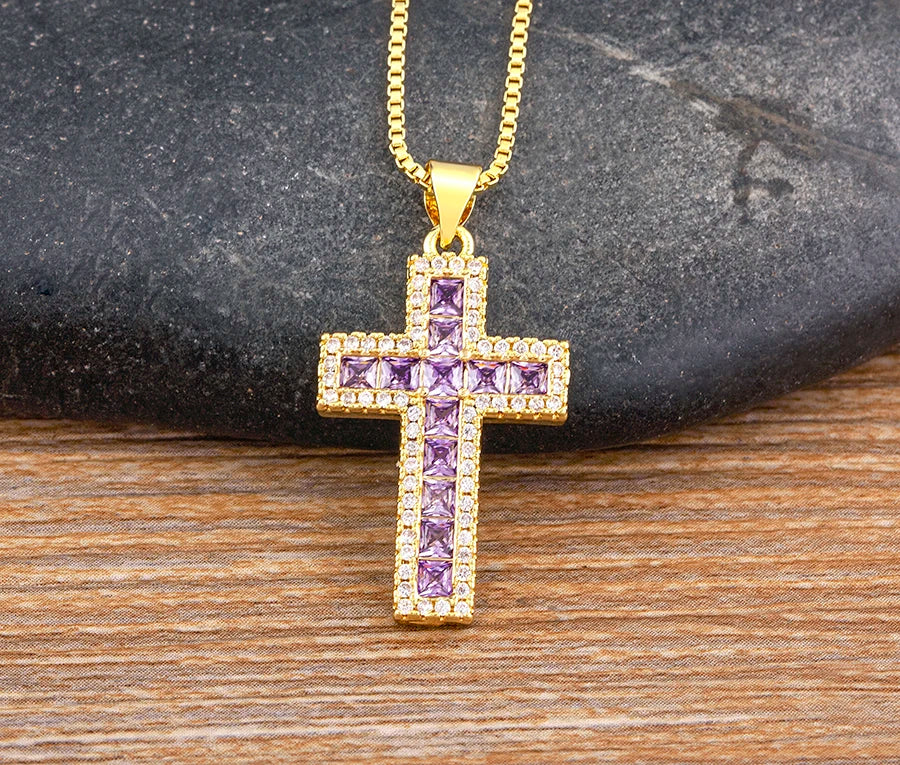 AIBEF New Arrivals Cross Crystal Pendant Necklace Copper Cubic Zircon Choker 6 Colors Choice Religion Jewelry Accessory Gift
