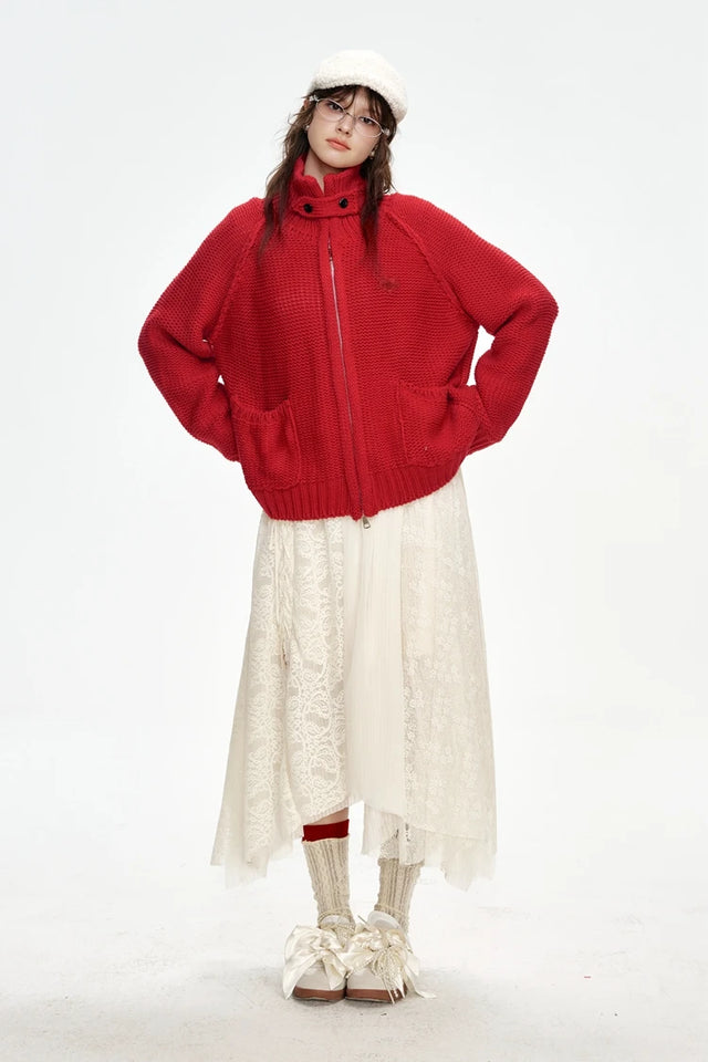 ELFSACK 2024 Winter New Arrivals Stand collar loose red knitting cardigan for women with zipper pockets threaded closure