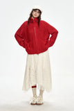 ELFSACK 2024 Winter New Arrivals Stand collar loose red knitting cardigan for women with zipper pockets threaded closure