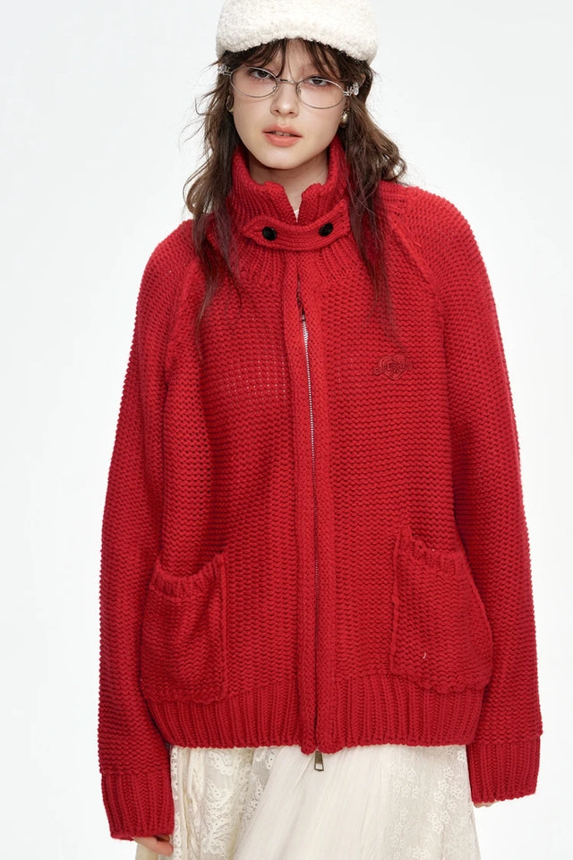 ELFSACK 2024 Winter New Arrivals Stand collar loose red knitting cardigan for women with zipper pockets threaded closure