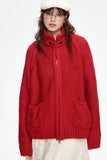 ELFSACK 2024 Winter New Arrivals Stand collar loose red knitting cardigan for women with zipper pockets threaded closure