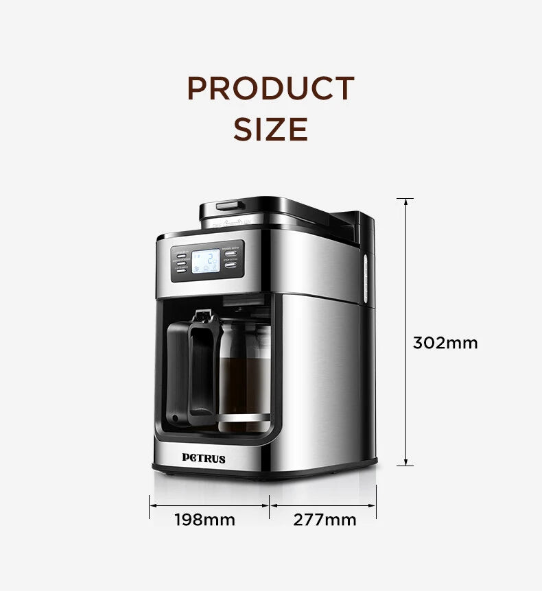 Petrus Automactic Coffee Machine Drip Coffee Maker Stainless Steel 10-cup With Built-In Grinder and Brew Strength Control