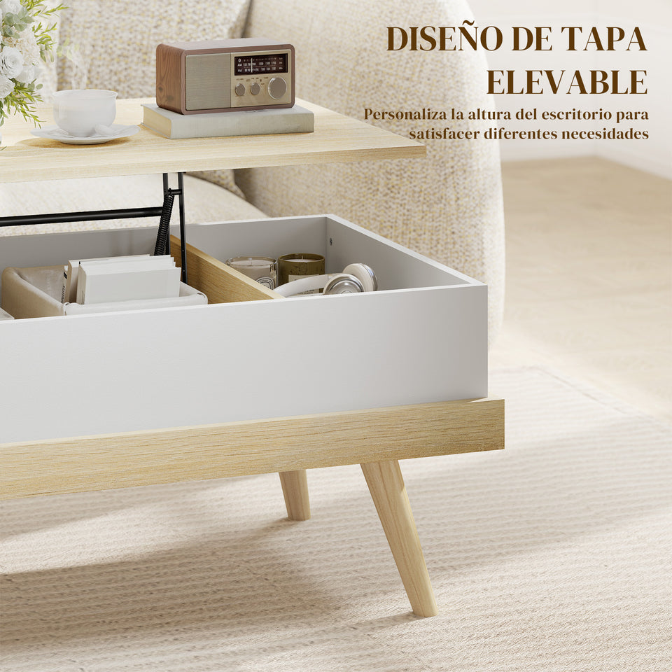 Homcom Liftable Coffee Table with 3 Hidden Storage Compartments and Wooden Legs 100X79X54 cm Natural and White