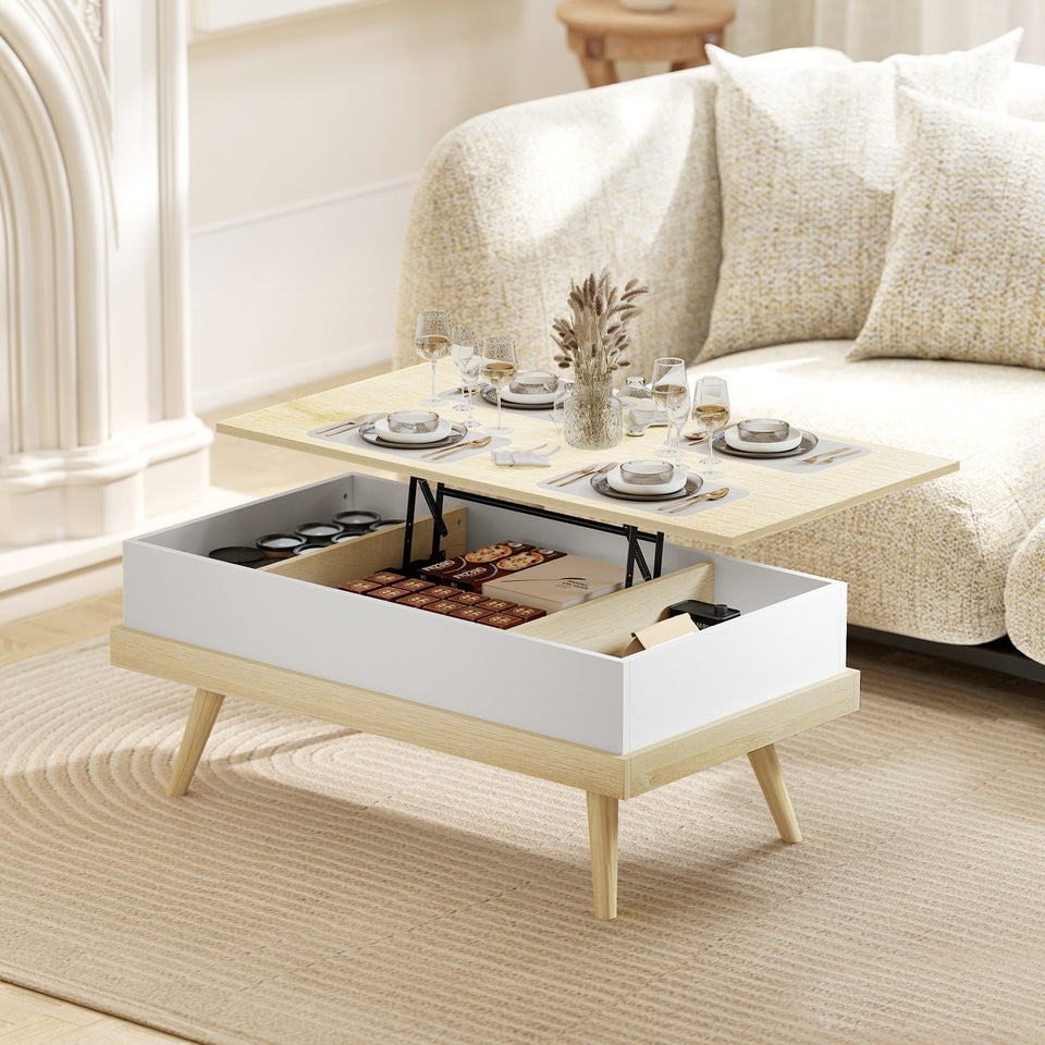 Homcom Liftable Coffee Table with 3 Hidden Storage Compartments and Wooden Legs 100X79X54 cm Natural and White