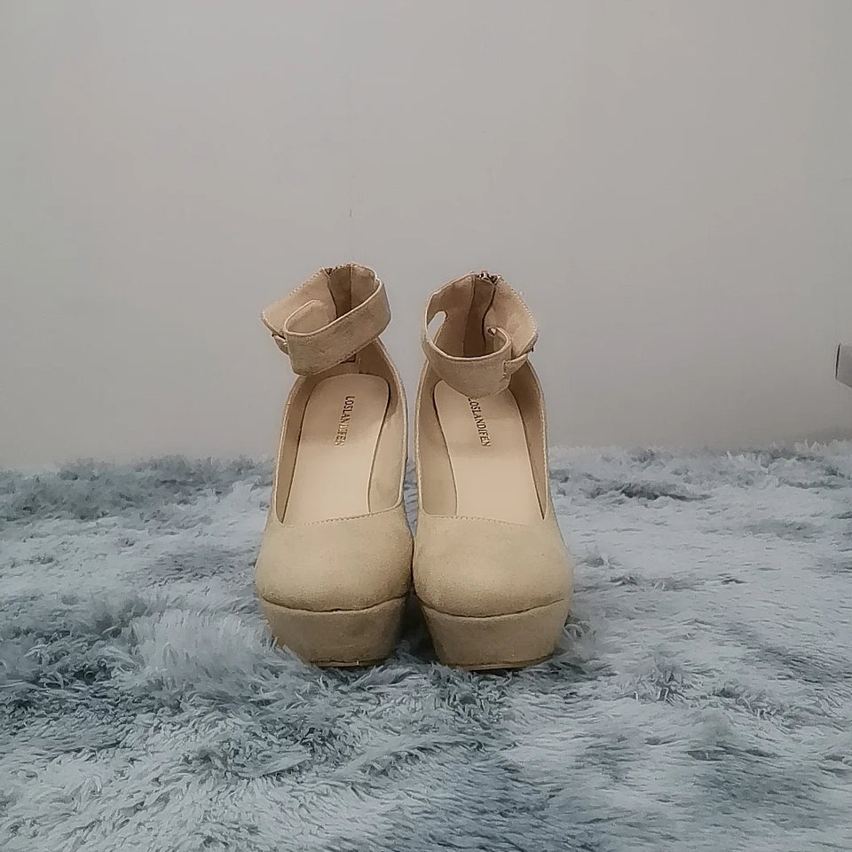 LOSLANDIFEN Women Shoes Flock Buckle Bowtie Ankle Strap High Heels Sexy 14cm Platform Wedges Female Pumps Red Wedding Shoe