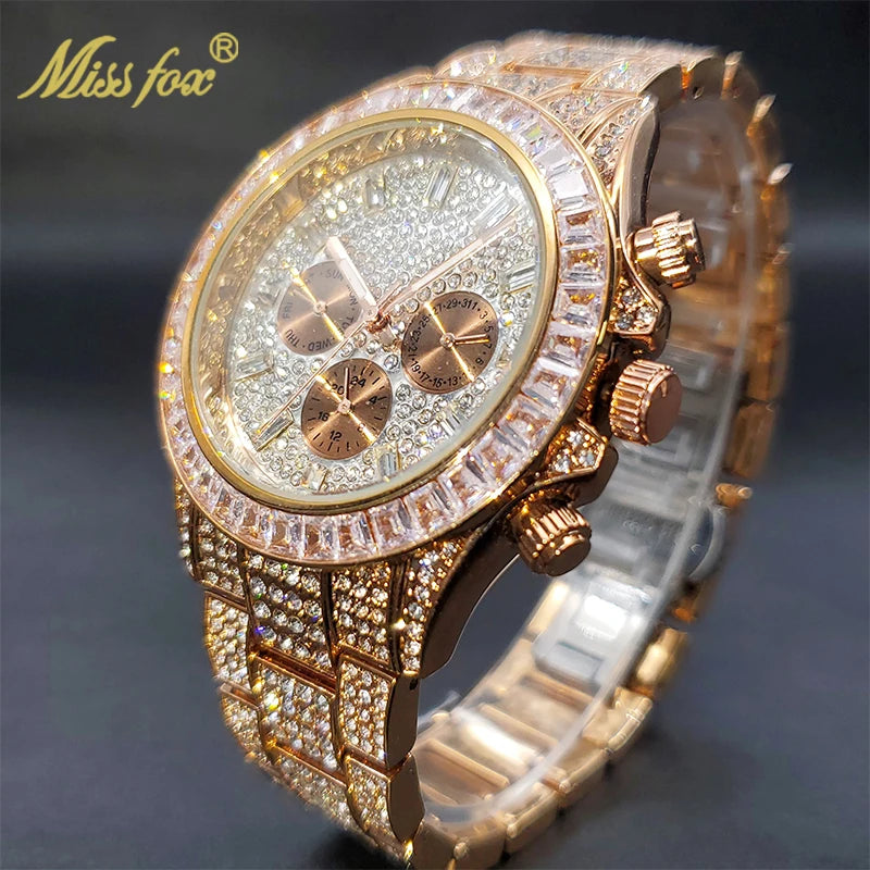 MISSFOX Men Watches 2021 Luxury Large Case With Baguette Full Diamond Quartz Wristwatch Chronograph Calendar Watch Droshipping