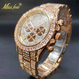 MISSFOX Men Watches 2021 Luxury Large Case With Baguette Full Diamond Quartz Wristwatch Chronograph Calendar Watch Droshipping