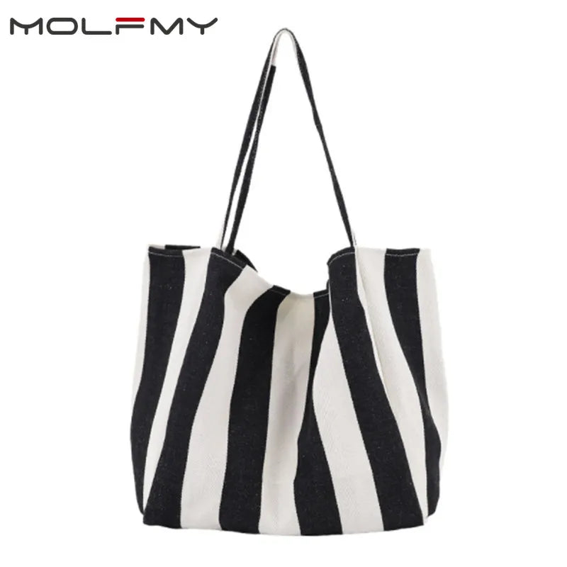 2023 Fashion Ladies Classic Striped Canvas Handbag Large Capacity Shoulder Bag For Female Simple Beach Casual Totes Shopping Bag