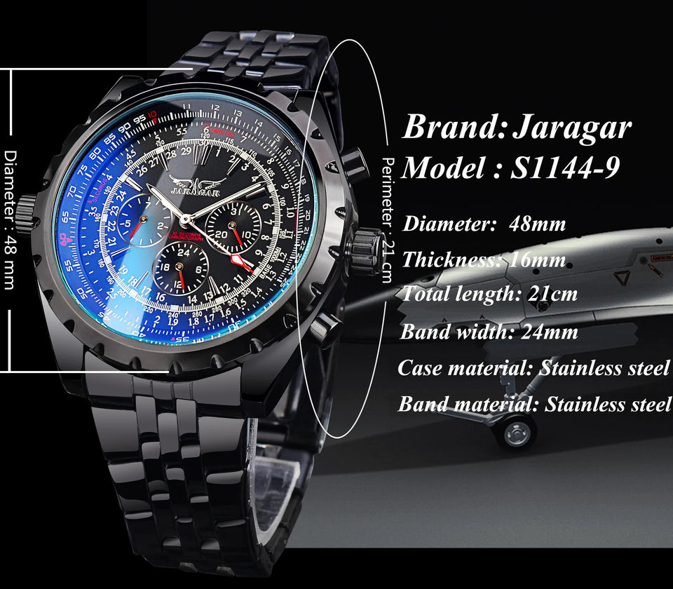 Jaragar 3 Dial Men's Automatic Watch Stainless Steel Mechanical Men's watches Date Week Display Luminous Wristwatch Blue Glass