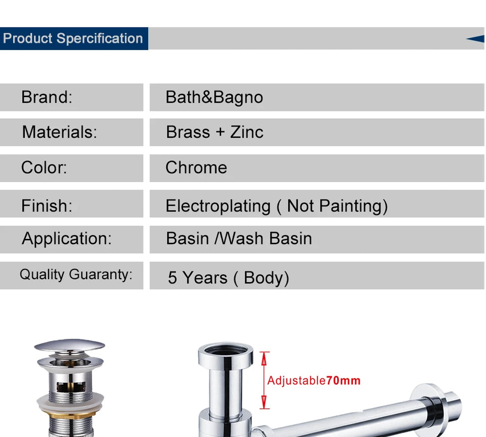 Bathroom Basin Bottle Trap Drain Modern Bathroom Sink P-Trap Set Pop Up Filter Chrome Basin Siphon Horse Accessory Renovation