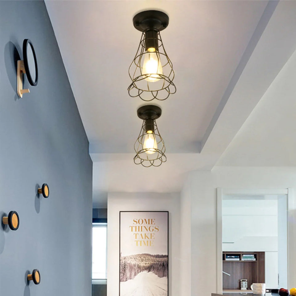 Vintage Ceiling Light Flush Mount Black Iron Lampshade Industrial E27 Pendant Light Grid Cage Bedroom Kitchen Living Room Coffee