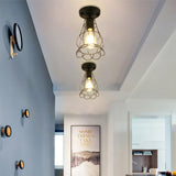 Vintage Ceiling Light Flush Mount Black Iron Lampshade Industrial E27 Pendant Light Grid Cage Bedroom Kitchen Living Room Coffee
