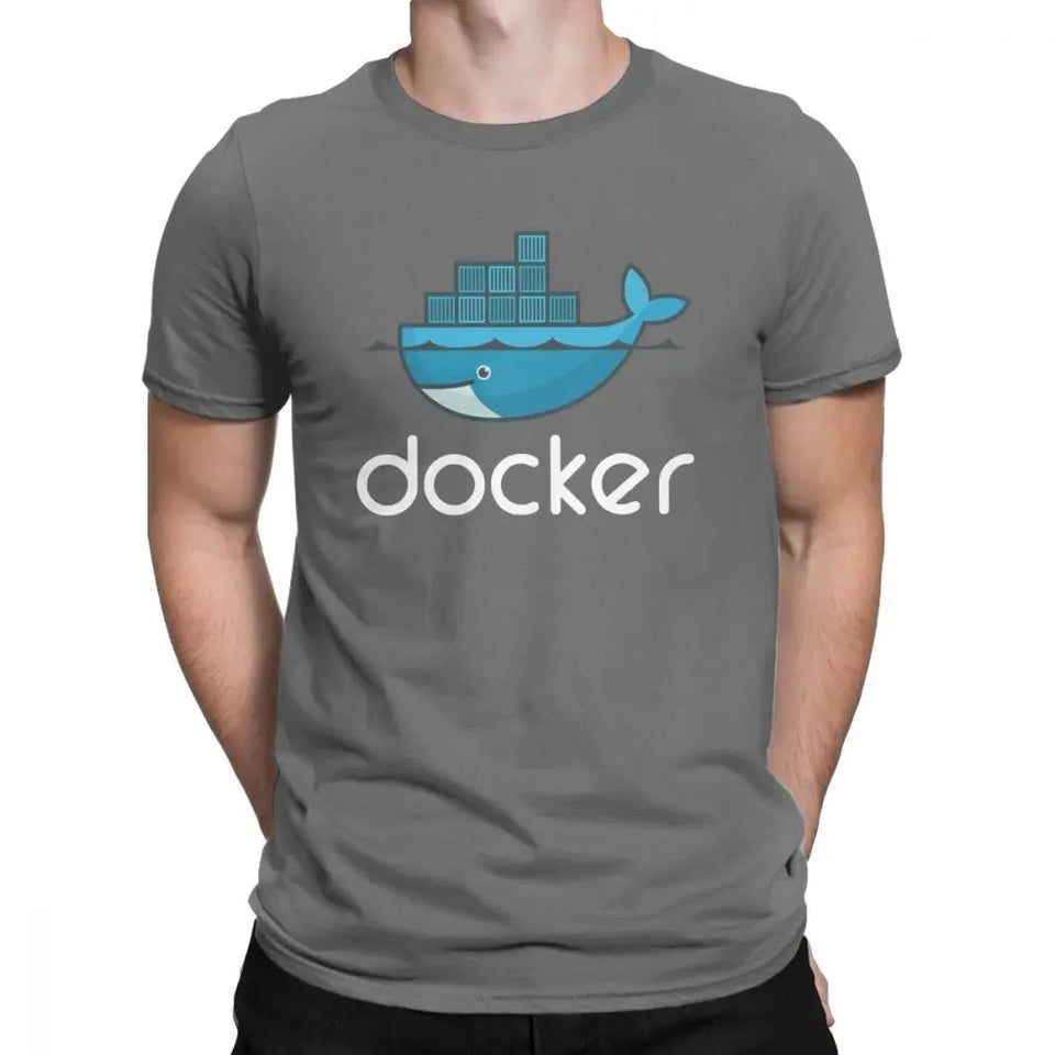 Men Docker Logo T Shirt Linux Javascript Computer Cotton Sweatshirt Funny Short Sleeve Round Neck Tees Graphic T-Shirts