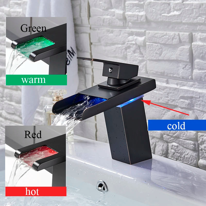 Black LED Bathroom Basin Faucet Temperature Induction Change Color Hot Cold Water Mixer Taps with Battery Box Deck Installation