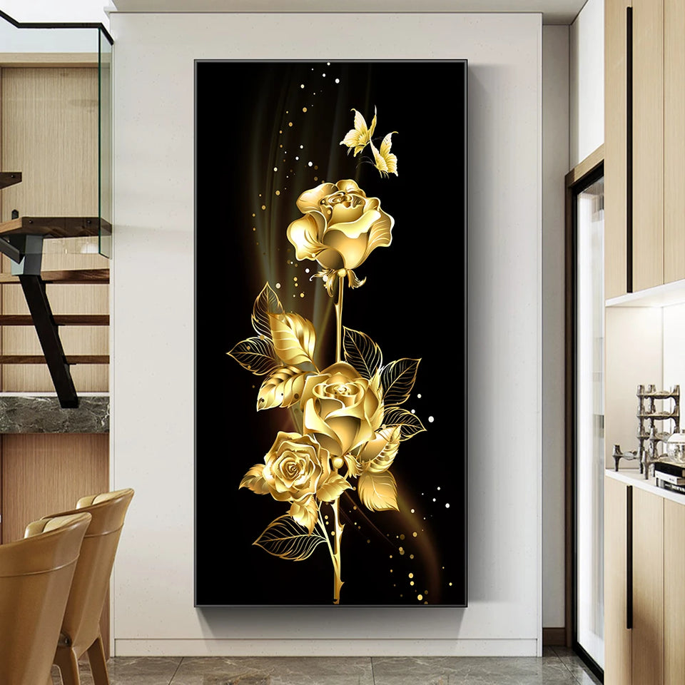 Abstract Golden Leaves and Flower Tree Oil Painting on Canvas Posters and Prints Wall Art Pictures for Living Room Cuadros Decor