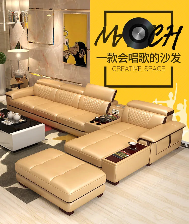 Living Room Sofa set furniture real genuine cow leather sofa recliner speaker bluetooth puff asiento muebles de sala canape cama