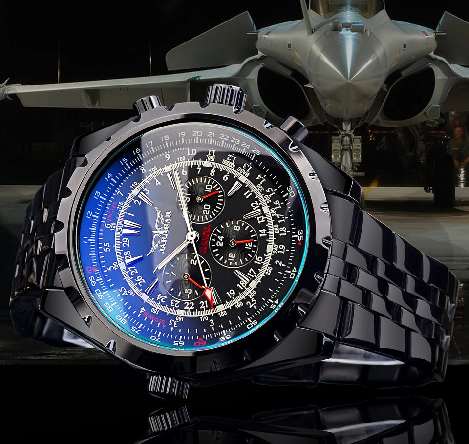 Jaragar 3 Dial Men's Automatic Watch Stainless Steel Mechanical Men's watches Date Week Display Luminous Wristwatch Blue Glass