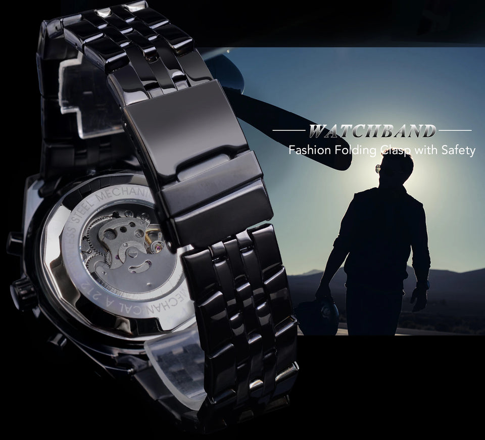 Jaragar 3 Dial Men's Automatic Watch Stainless Steel Mechanical Men's watches Date Week Display Luminous Wristwatch Blue Glass