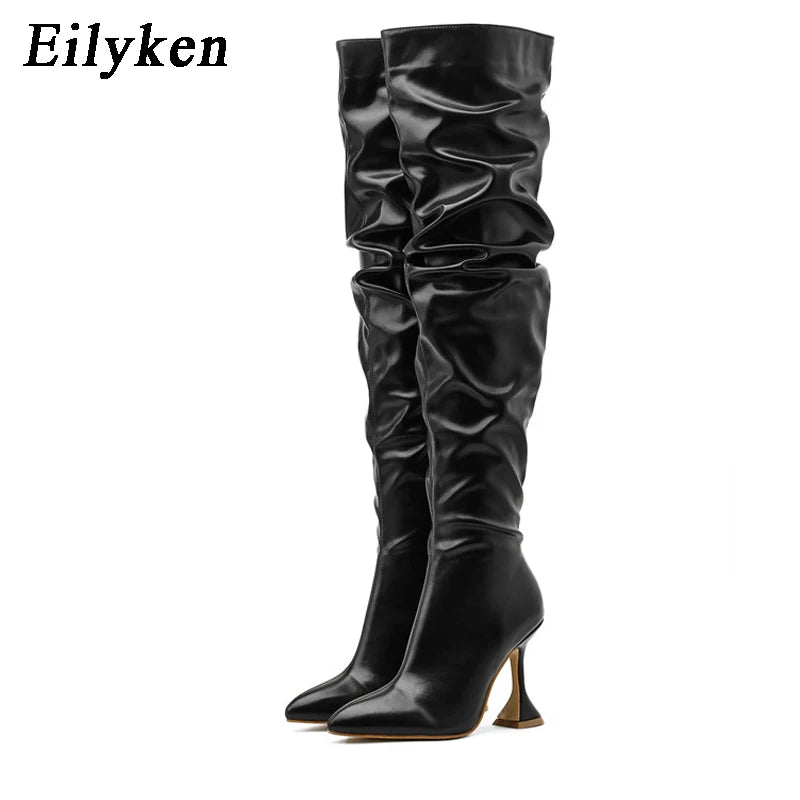 Eilyken White Pleated Leather Over The Knee Boots Fashion Runway Strange High Heels Sexy Zip Design Womans Shoes