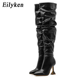 Eilyken White Pleated Leather Over The Knee Boots Fashion Runway Strange High Heels Sexy Zip Design Womans Shoes