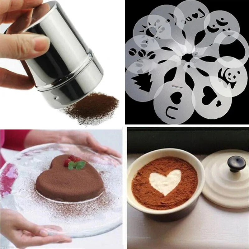 1pc Stainless Steel Chocolate Shaker Cocoa Flour Coffee Sifter+16Pcs Coffee Template Strew Flower Pad Spray Art Coffee Tools