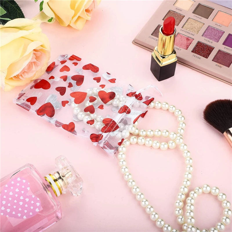 100Pcs Valentine's Day Organza Bag Love Heart Drawstring Jewelry Candy Gift Bag Pounch Cosmetic Packaging Bags Wedding Party