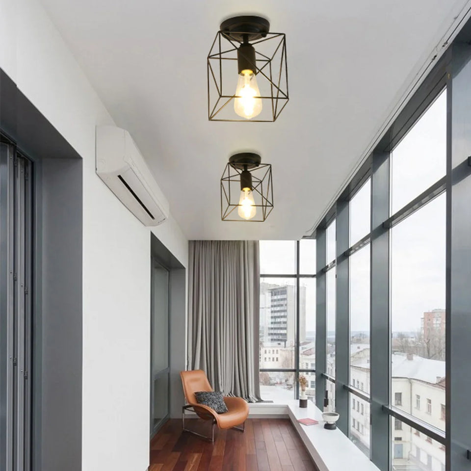 Vintage Ceiling Light Flush Mount Black Iron Lampshade Industrial E27 Pendant Light Grid Cage Bedroom Kitchen Living Room Coffee