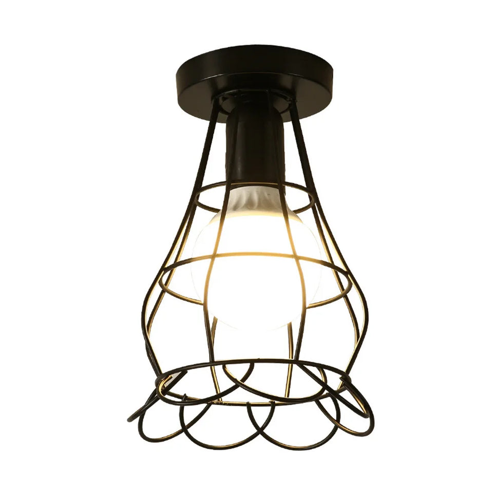 Vintage Ceiling Light Flush Mount Black Iron Lampshade Industrial E27 Pendant Light Grid Cage Bedroom Kitchen Living Room Coffee