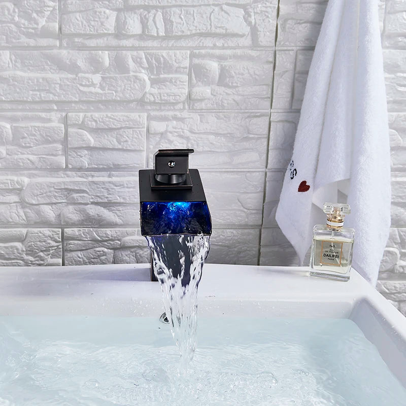 Black LED Bathroom Basin Faucet Temperature Induction Change Color Hot Cold Water Mixer Taps with Battery Box Deck Installation