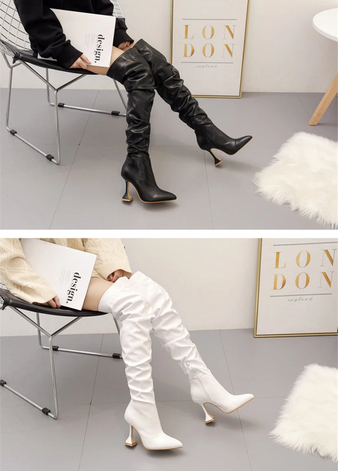 Eilyken White Pleated Leather Over The Knee Boots Fashion Runway Strange High Heels Sexy Zip Design Womans Shoes