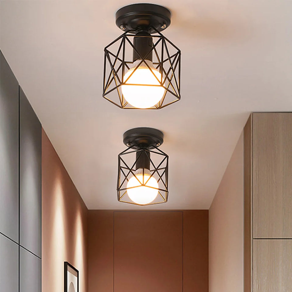 Vintage Ceiling Light Flush Mount Black Iron Lampshade Industrial E27 Pendant Light Grid Cage Bedroom Kitchen Living Room Coffee