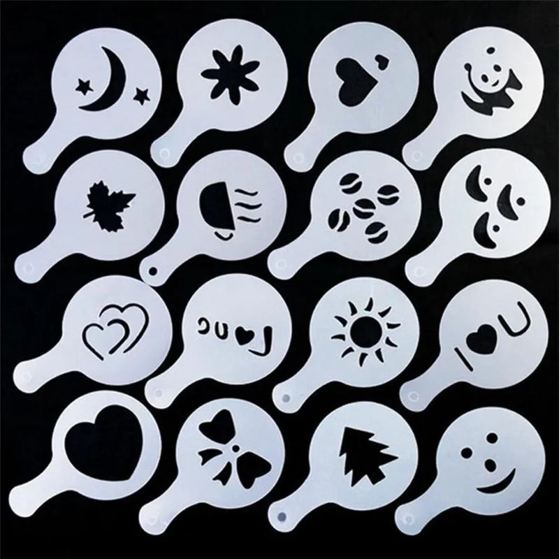 1pc Stainless Steel Chocolate Shaker Cocoa Flour Coffee Sifter+16Pcs Coffee Template Strew Flower Pad Spray Art Coffee Tools