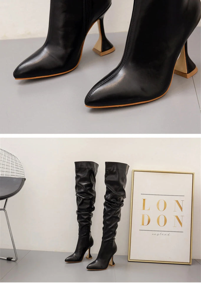 Eilyken White Pleated Leather Over The Knee Boots Fashion Runway Strange High Heels Sexy Zip Design Womans Shoes