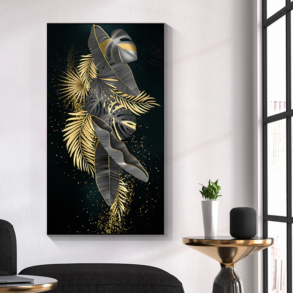 Abstract Golden Leaves and Flower Tree Oil Painting on Canvas Posters and Prints Wall Art Pictures for Living Room Cuadros Decor