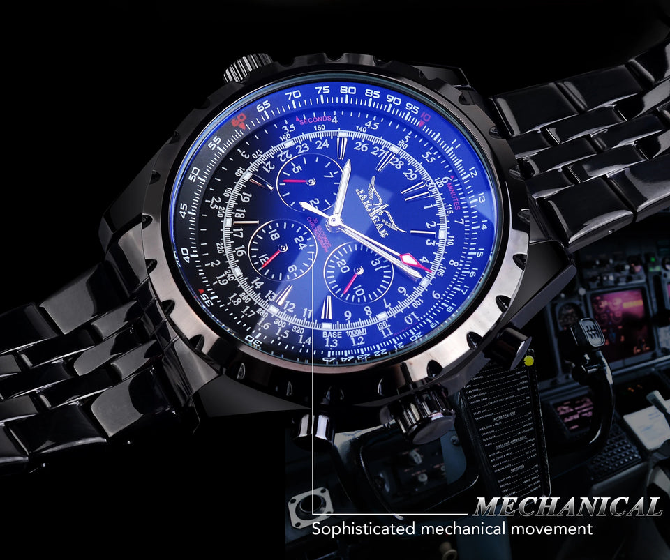 Jaragar 3 Dial Men's Automatic Watch Stainless Steel Mechanical Men's watches Date Week Display Luminous Wristwatch Blue Glass