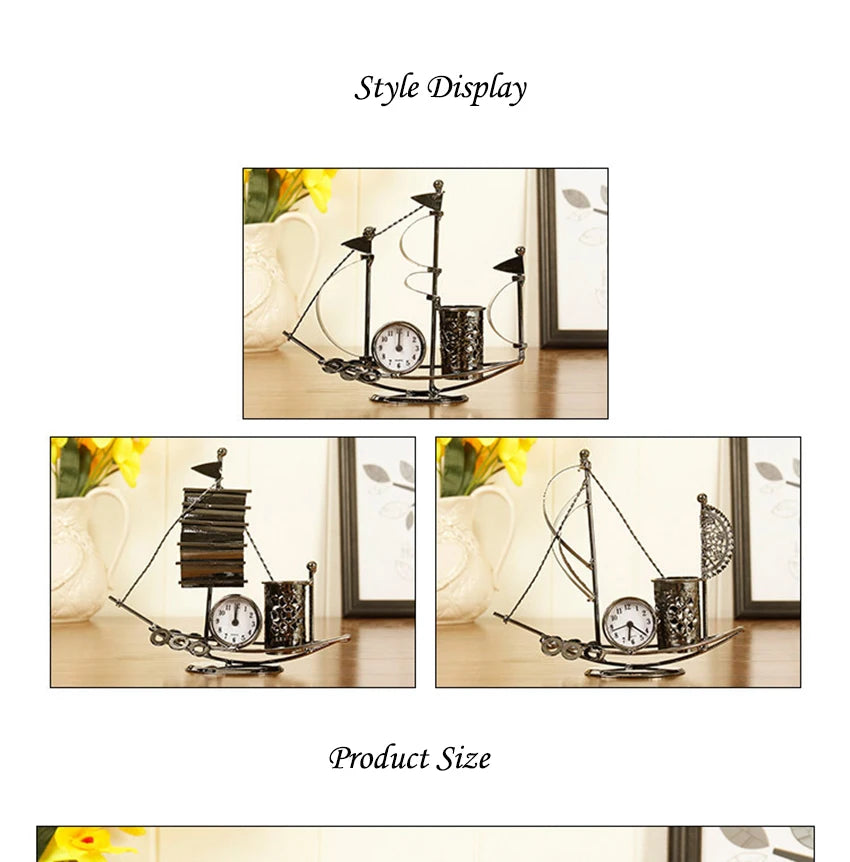 Creative Sailboat Shaped Pen Holder With Clock Office Pencil Box Desk Organizer Stand Case Stationery, Home Desktop Decoration