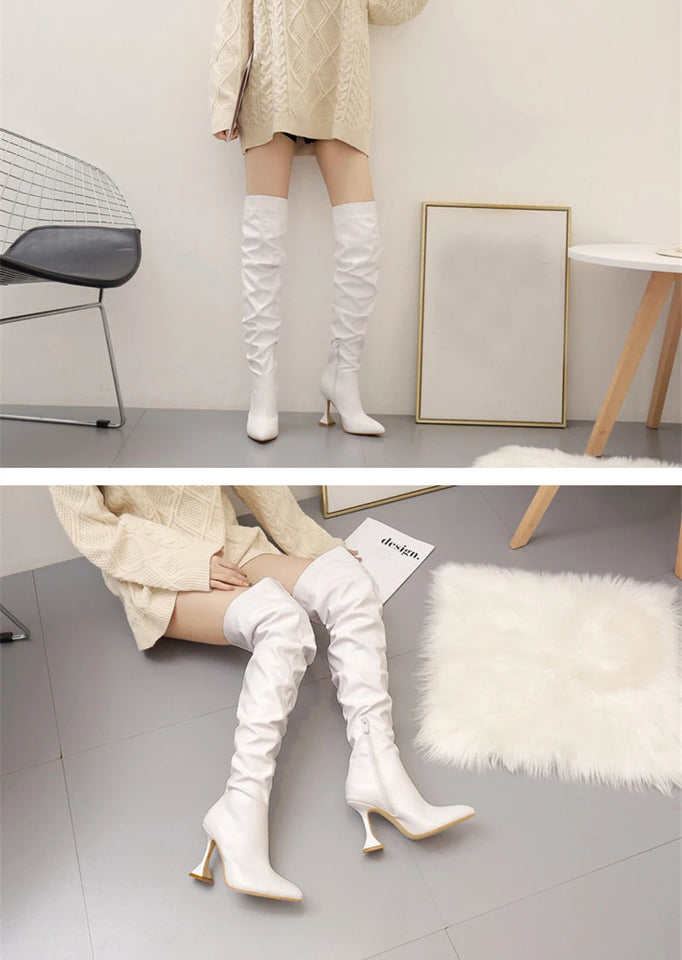 Eilyken White Pleated Leather Over The Knee Boots Fashion Runway Strange High Heels Sexy Zip Design Womans Shoes