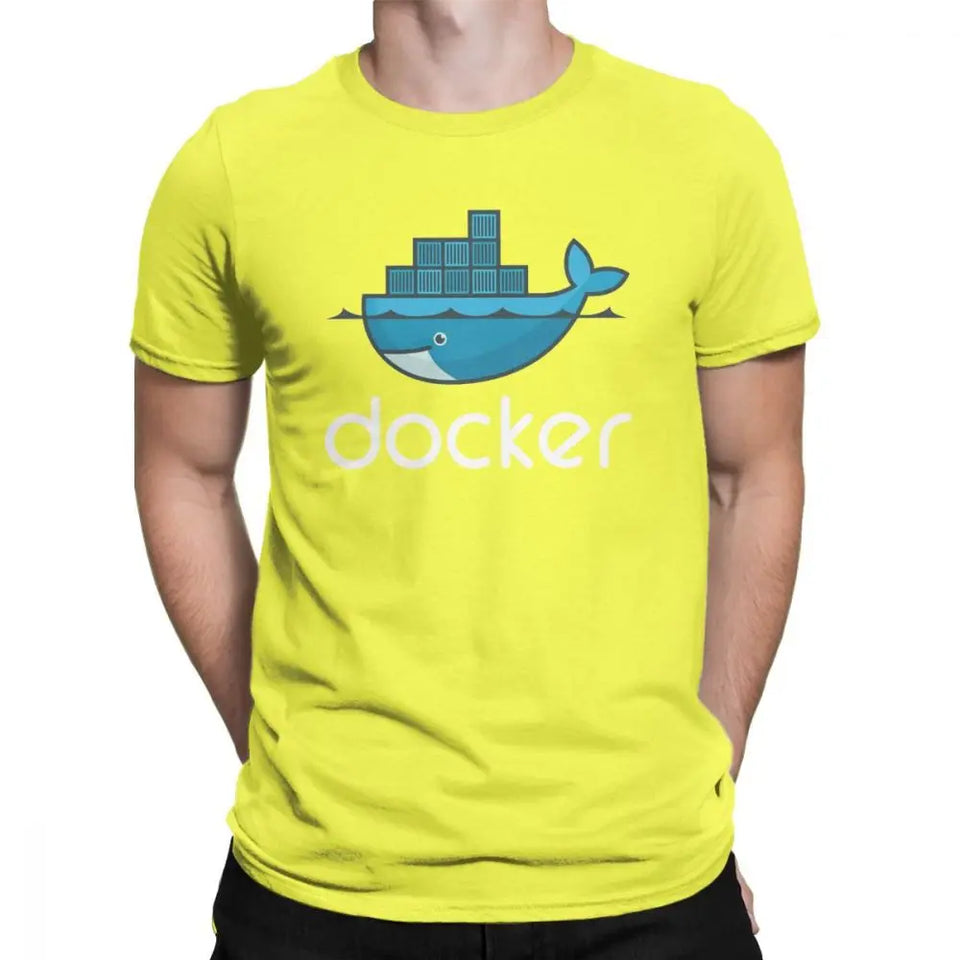 Men Docker Logo T Shirt Linux Javascript Computer Cotton Sweatshirt Funny Short Sleeve Round Neck Tees Graphic T-Shirts