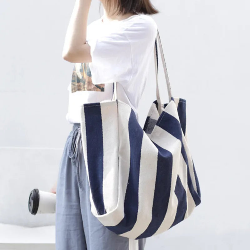 2023 Fashion Ladies Classic Striped Canvas Handbag Large Capacity Shoulder Bag For Female Simple Beach Casual Totes Shopping Bag