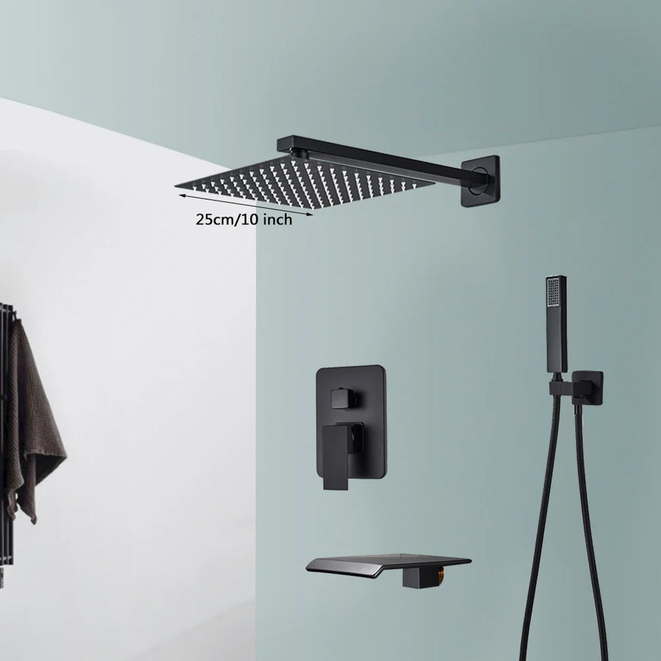 Black Shower Faucets System Bathroom Wall Mounted Rainfall Shower Kit Concealed Embedded Box Hot Cold Water Mixer Tap SUS304