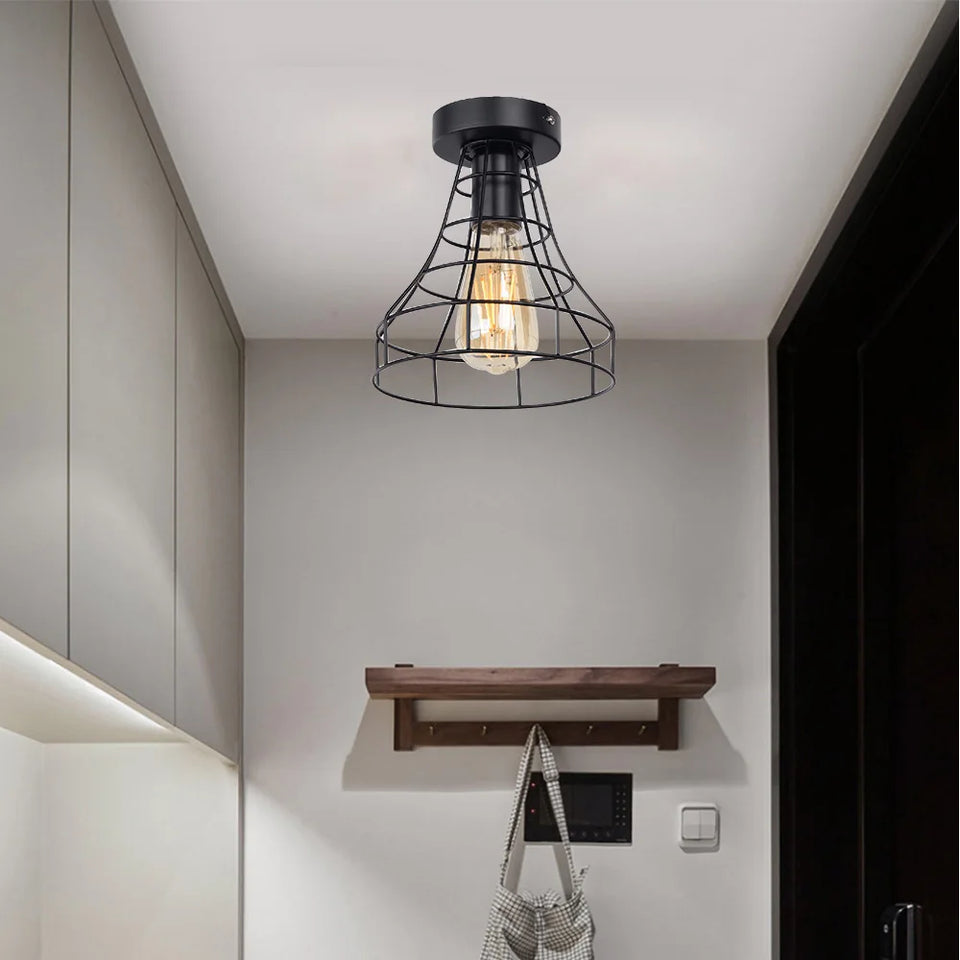 Vintage Ceiling Light Flush Mount Black Iron Lampshade Industrial E27 Pendant Light Grid Cage Bedroom Kitchen Living Room Coffee