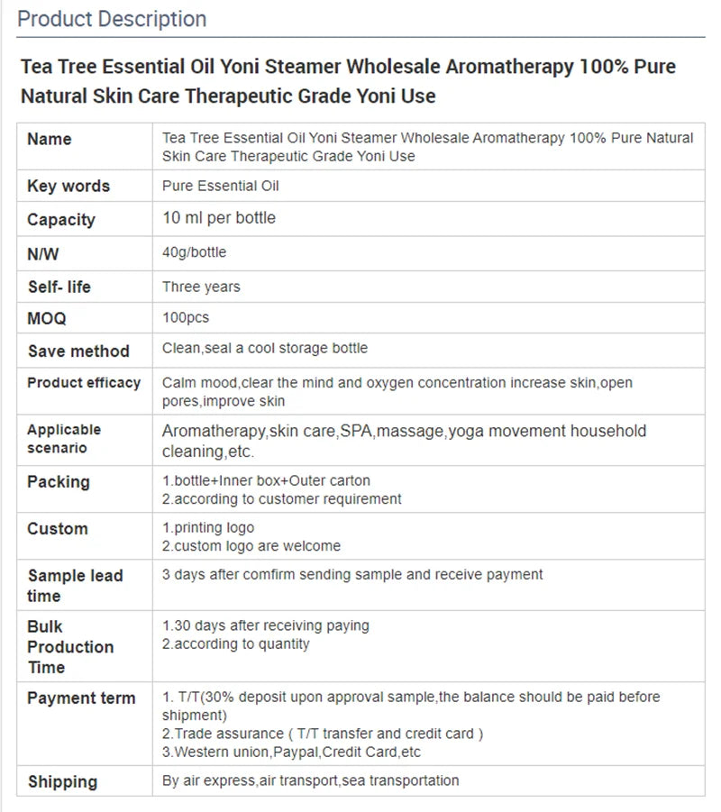 Tea Tree Essential Oil Steamer Wholesale Aromatherapy 100% Pure Natural Skin Care Therapeutic Grade Steam Sauna SPA Dedicated