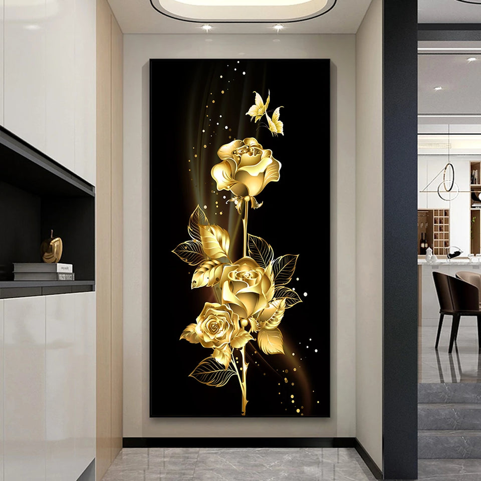 Abstract Golden Leaves and Flower Tree Oil Painting on Canvas Posters and Prints Wall Art Pictures for Living Room Cuadros Decor