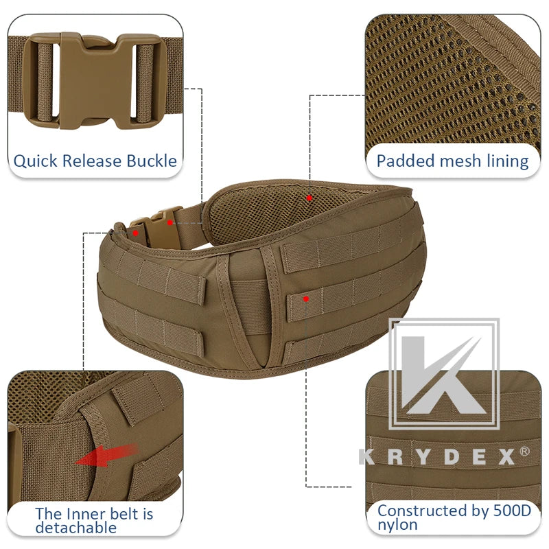 KRYDEX Tactical Waist Belt, MOLLE Soft Wide Padded Battle Belt, Shooting Airsoft Hunting Multi-Function Quick Release Belt