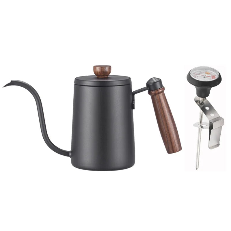 600ML Non-stick Stainless Steel Pour Over Coffee Tea Pot with Thermomet Long Narrow Spout Hand Drip Kettle Coffee Accessories