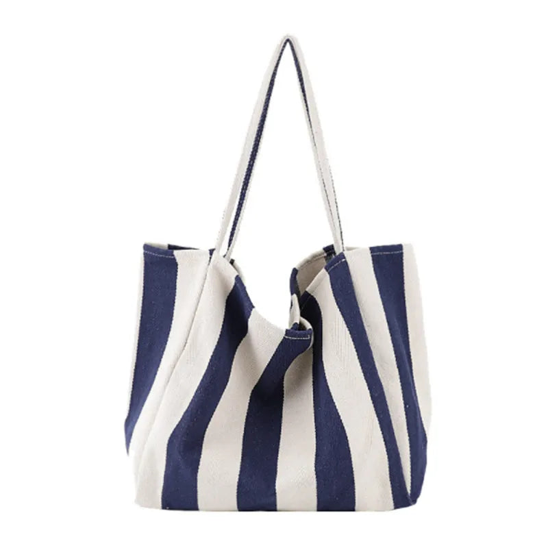 2023 Fashion Ladies Classic Striped Canvas Handbag Large Capacity Shoulder Bag For Female Simple Beach Casual Totes Shopping Bag