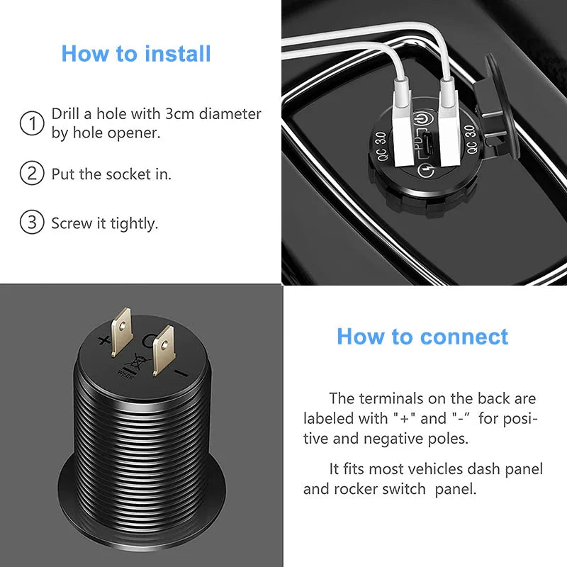 12V/24V Triple USB C Car Charger Socket USB Outlets PD & 18W QC3.0 Aluminum Metal Car Socket Adapter with Touch Switch