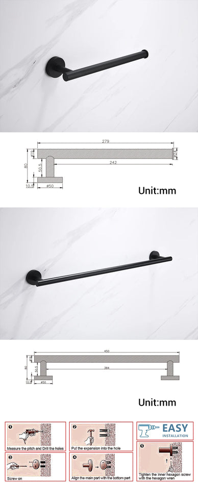 Bathroom Accessories Hardware Set Kit Towel Bar Wall Mount Matt Black Toilet Paper Holder Hand Robe Hook Hanger Stainless Steel
